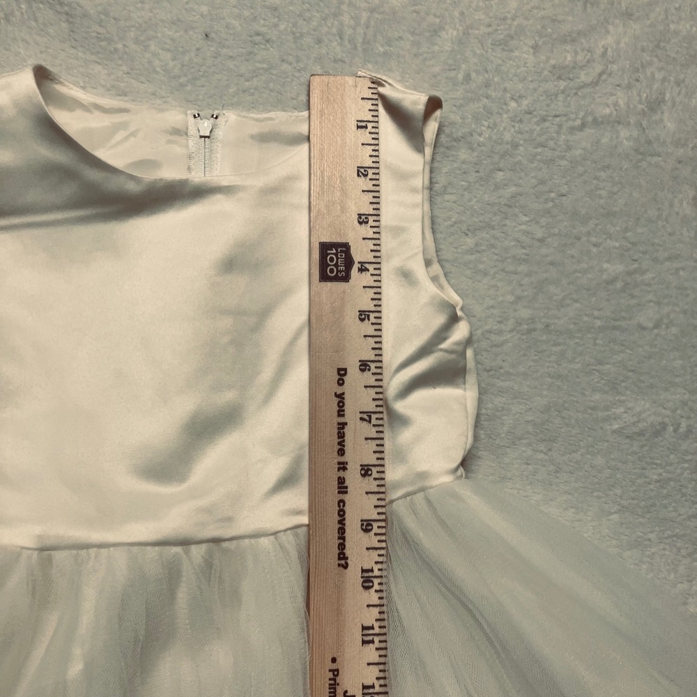 Girls White Satin Tulle Dress SZ 4 Blue Petals Sleeveless Zip Flower Girl Party - Picture 8 of 11